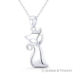 Sitting Cat Animal Lover Charm Pendant in .925 Sterling Silver